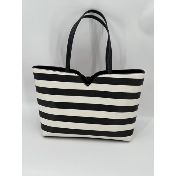 Betsey Johnson KITSCH Black White Striped Pink Bow Large Tote Shoulder Bag EUC - Picture 6 of 16